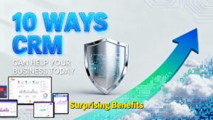 Laptop showing a CRM dashboard with sales pipeline stages, customer profiles, and analytics charts.