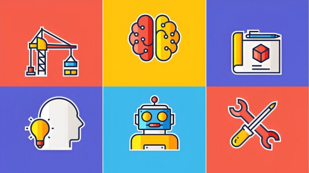 A futuristic workspace with developers using AI-powered code assistants and automation tools across multiple screens.