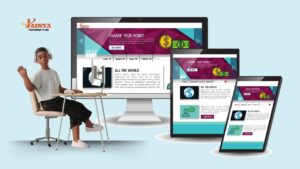 Illustration of a person browsing through various website templates on a laptop, looking for the perfect design.
