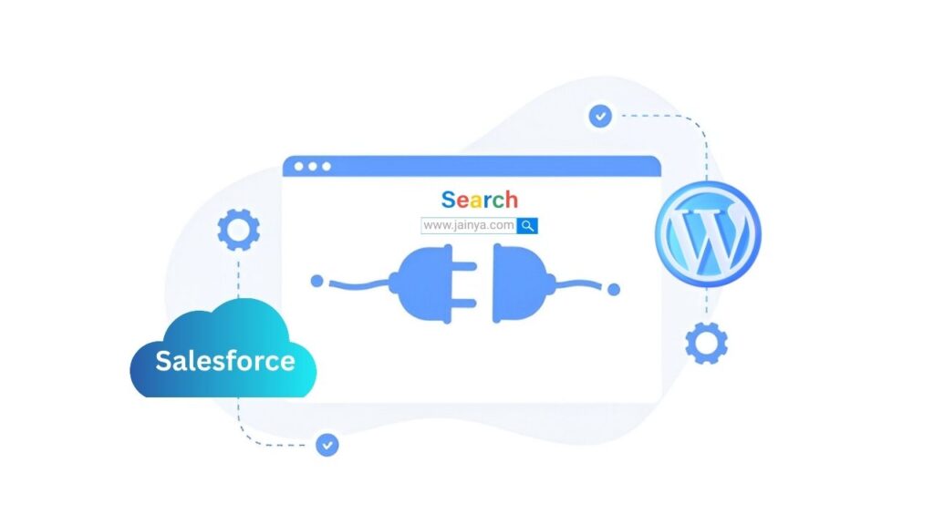 Laptop showing Salesforce and WordPress logos connected by integration arrows.