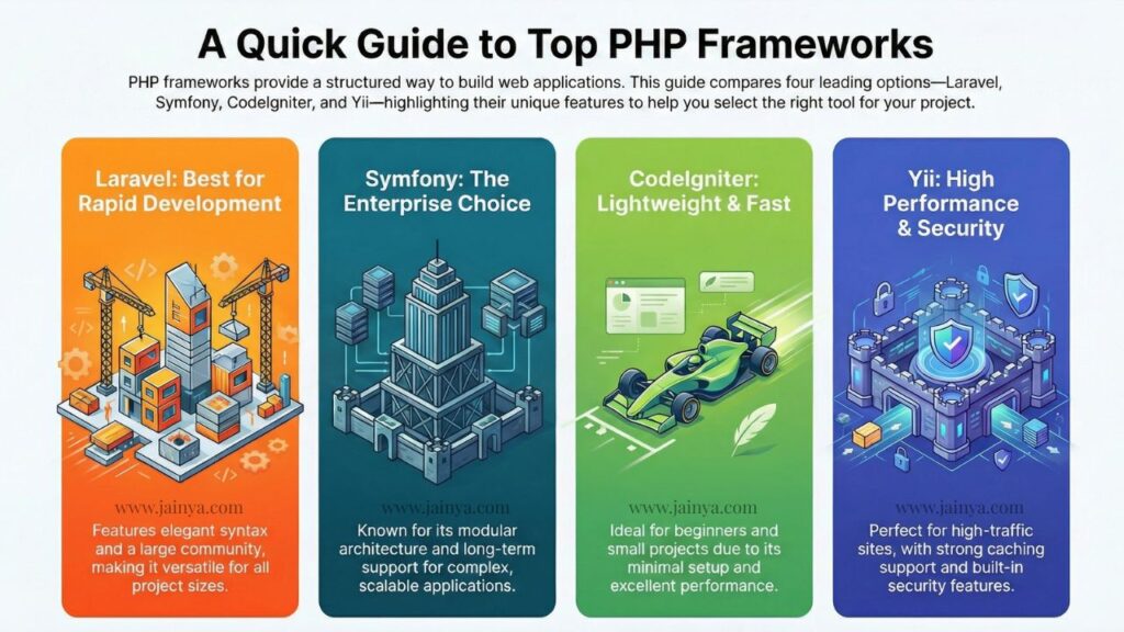 Comparison chart of popular PHP frameworks such as Laravel, Symfony, CodeIgniter, and Yii