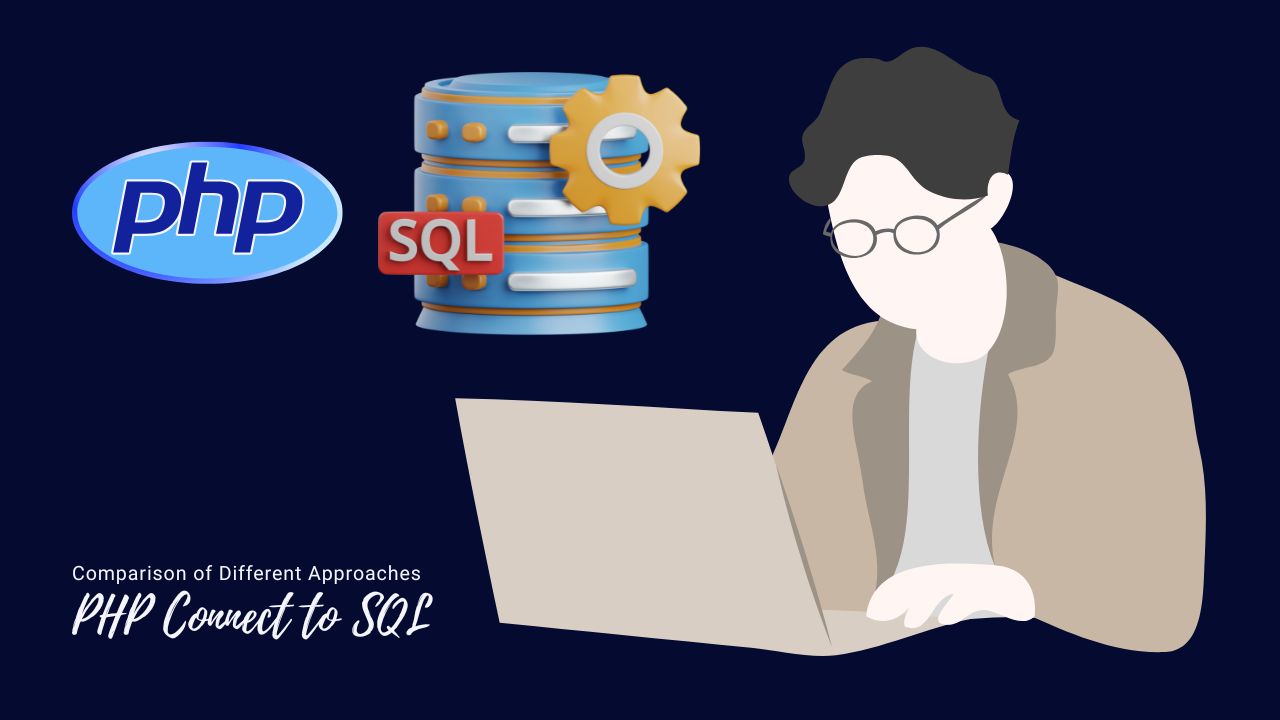 Diagram comparing PHP connection methods to SQL databases: PDO, SQLSRV, and ODBC, highlighting differences, advantages, disadvantages, and example code snippets.
