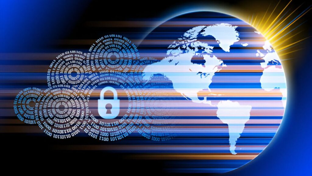 Shield icon protecting global network representing international website security.