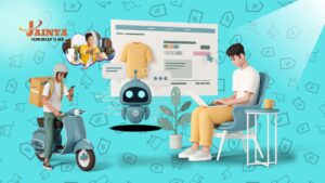 A futuristic online shopping dashboard showing live product data, AI trends, and a customer loyalty program interface.