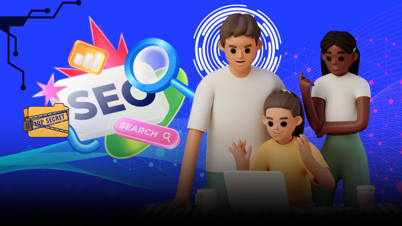 Illustration of digital marketers analyzing SEO data, discussing mobile optimization, AI-driven content, and voice search trends for success in 2025.
