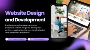 A modern laptop displaying a sleek, responsive website design with clean layouts and vibrant visuals, representing website development and redesign.