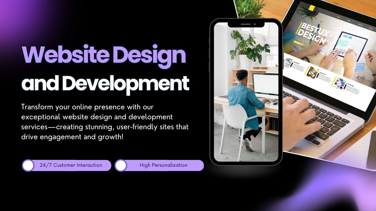 A modern laptop displaying a sleek, responsive website design with clean layouts and vibrant visuals, representing website development and redesign.